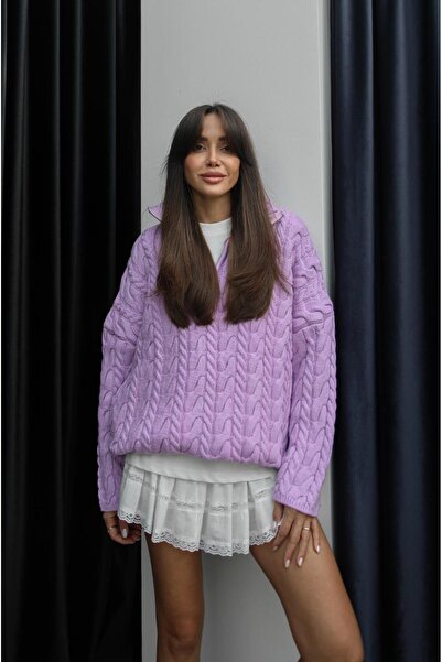 Havoş Lilac Zippered Hair Knit Sweater