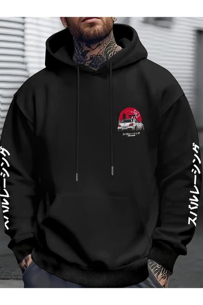 JDM Yazılı ve Drift Tasarımı ile Oversize Rahat Unisex Siyah Sweatshirt Hoodie