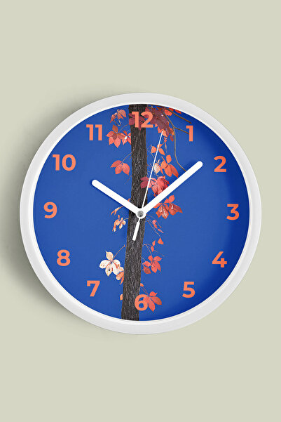 JHAAR ساعة حائط حديثة بأوراق الخريف على خلفية زرقاء - 25 سم - هيكل أبيض مع وا...