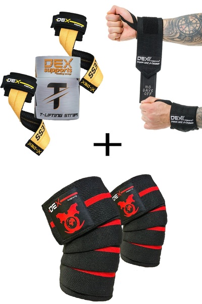 Dex Supports Sports Wrist Wraps Legend, Weightlifting Strap T-Lifting Straps, Knee Support Knee Wraps Elite Set of 3