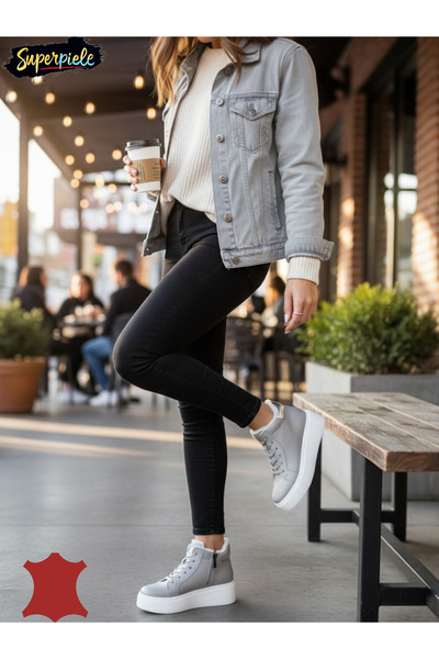 piele naturala Women's gray fur-lined boots with thick soles, zipper and lace-up closure