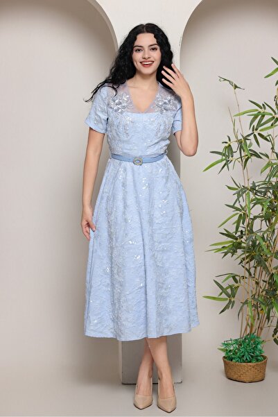 berlanty Classic embroidered sky blue evening dress