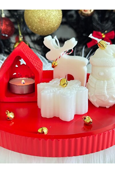 MYELFA Yılbaşı Temalı Dekoratif Hediyelik Doğal Yapım Soya Mum Set Geyik, Kar...
