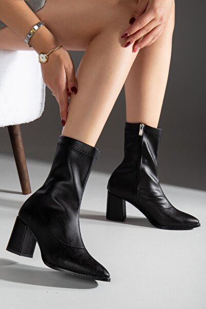 ALPELLİByAlp Women's Brown Pointed Toe Zipper Detailed Flexible Thick Heeled Ankle Stretch Boots Bootie