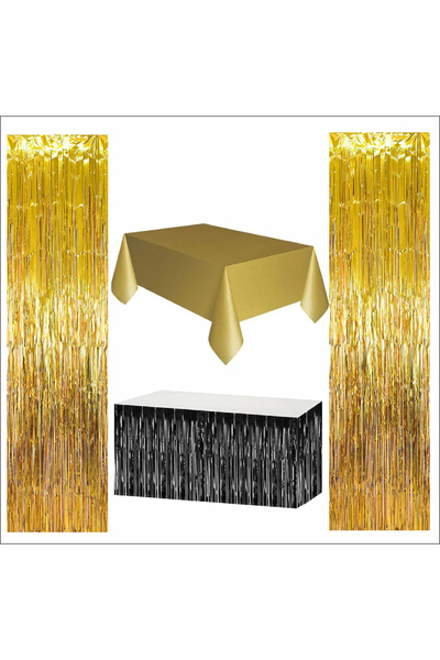 ZENVİVA Gold Tablecloth, Black Table Skirt, 2 Gold Backdrops