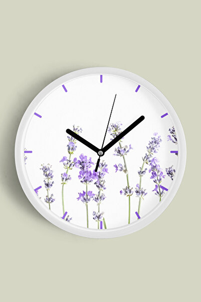 JHAAR Ceas de perete modern cu flori de lavandă - 35cm - Carcasă albă cu stic...