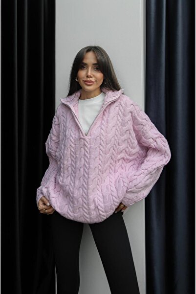 Havoş Powder Pink Zippered Hair Knit Sweater