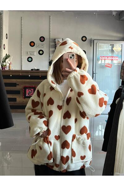 Sublime Butik Peluş Kalp Desenli Kapüşonlu Fermuarlı Beyaz Çift Cepli Astarlı...