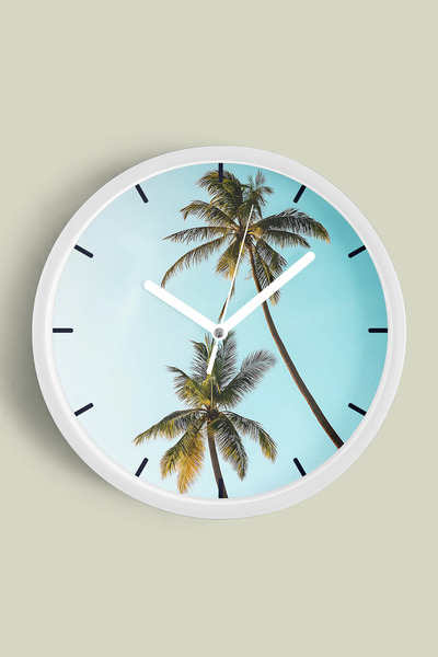 JHAAR Ceas de perete modern Palm Tree - 42cm - Carcasă albă cu sticlă frontal...