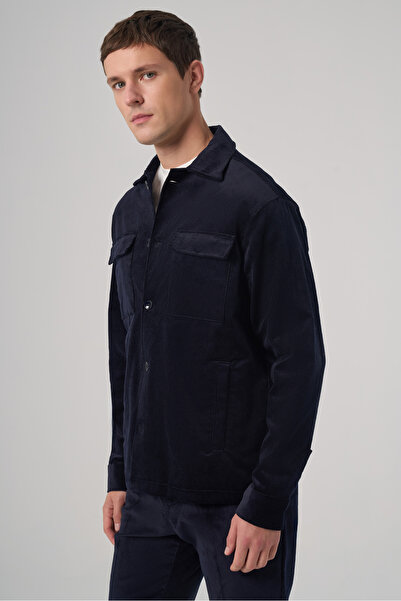 Morven Men's Navy Blue Trend Double Pocket Velvet Shirt Jacket