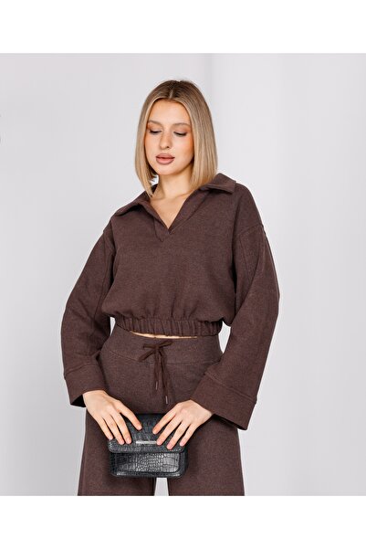 EsSo butik Brown Polo Neck Thessaloniki Knitwear Crop Sweatshirt