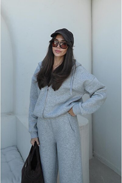Havoş Gray Melange Zippered Hooded Tracksuit Set