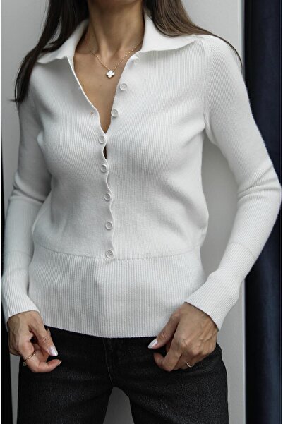 Havoş Ecru multi-button polo neck sweater