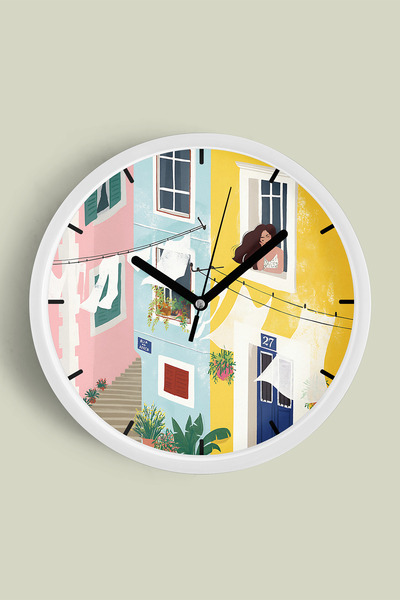 JHAAR Woman in the Window and Colorful Houses Modern Wall Clock - 42cm - Whit...