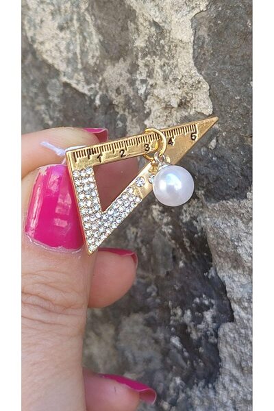 Arco Baleno Di Celine İncili kristal taşlı matematik öğretmeni , mimar , mühendis hediye Gönye cetvel broş