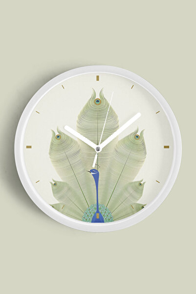 JHAAR ساعة حائط حديثة بتصميم طاووس أنيق - 35 سم - هيكل أبيض مع زجاج أمامي - آ...