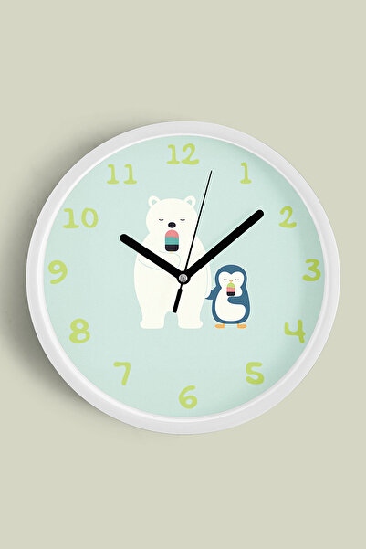 JHAAR ساعة حائط حديثة لغرفة الأطفال بتصميم الدب والبطريق - 30 سم - هيكل أبيض ...