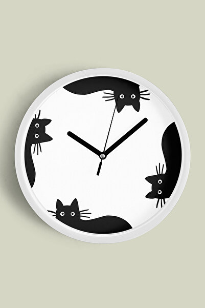 JHAAR ساعة حائط حديثة بتصميم قطة - 30 سم - هيكل أبيض مع واجهة زجاجية - آلية ص...