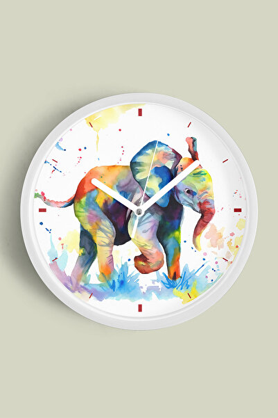 JHAAR Ceas de perete modern cu model elefant colorat - 25 cm - Carcasă albă c...
