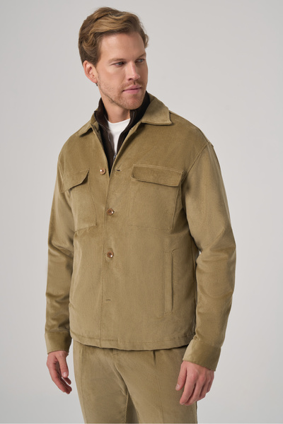 Morven Men's Beige Trend Double Pocket Velvet Shirt Jacket