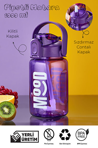 espashome Sports Water Bottle - 1000 ml with Straw, Lockable Lid, Water Leakproof Design - Purple