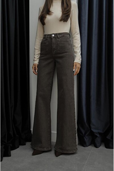 Havoş Brown Wide Leg Jeans with Square Pockets on the Front