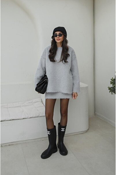 Havoş Gray Fuzzy Soft Textured Skirt Sweater Set