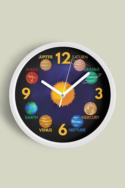 JHAAR Ceas de perete cu design modern Soare și Planete - 25 cm - Carcasă albă...
