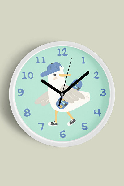 JHAAR Ceas de perete pentru camera copiilor cu pescăruș drăguț care face skat...