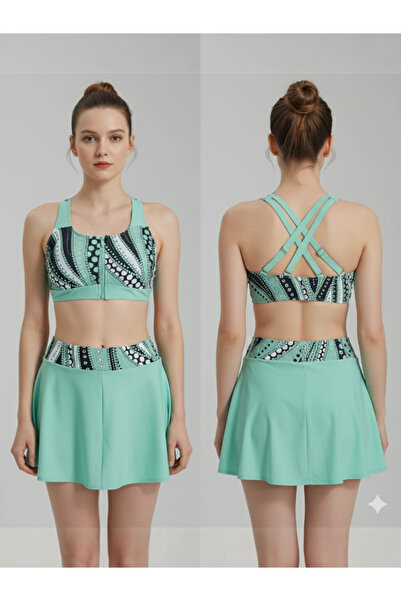 SOSYETEZGAHI Kadın Yeşil Fermuarlı Spor Kap Kloş Şortlu Bikini Takımı Desenli Tesettür Mayo Yüzücü Seti