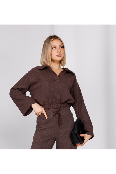 EsSo butik Brown Polo Neck Thessaloniki Knitwear Crop Sweatshirt