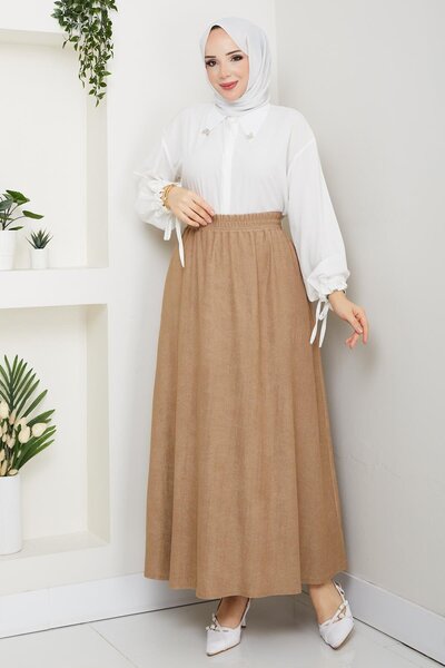 Günay Karaca Bej Taş Renk İnce Fitilli Kadife Kadın Etek Beli Lastikli 38 40 ...