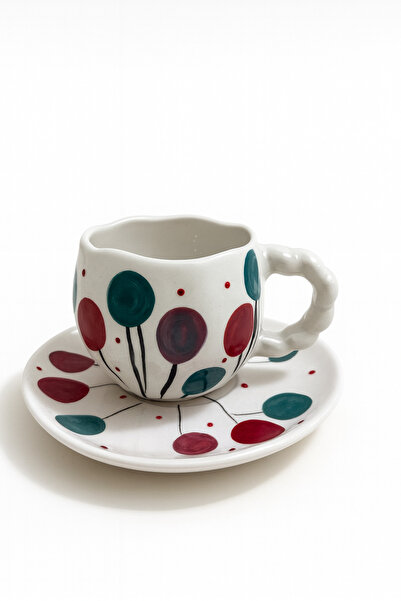 Çağ Seramik طقم أكواب سيراميك مصنوع يدويًا من قطعتين بنقش القطط والبالونات - ...