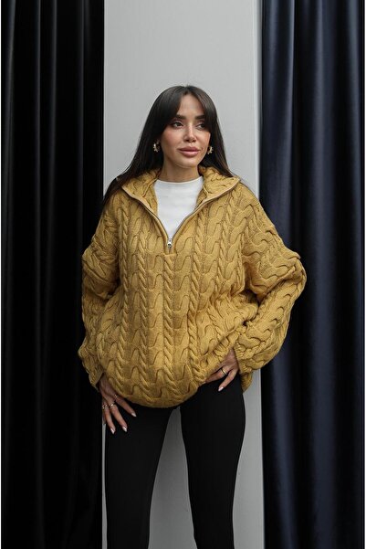 Havoş Mustard Collar Zippered Hair Knit Sweater