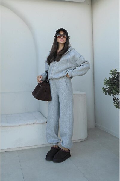 Havoş Gray Melange Zippered Hooded Tracksuit Set