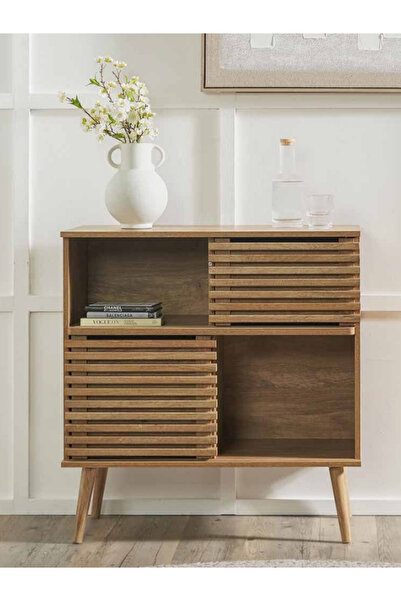 feruzadeco Modern Ahşap Mini Konsol – Çizgili Kapaklı, 80 cm, Ceviz Renk