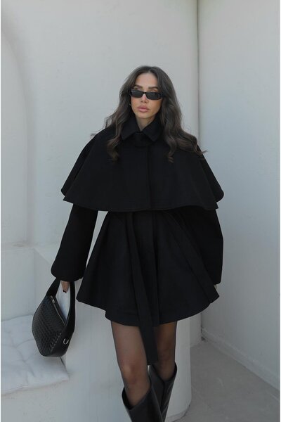 Havoş Black Cape Detailed Belted Cashmere Coat