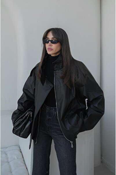 Havoş Mock Neck Faux Leather Jacket with Black Plated Buttons