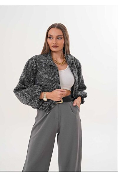 Azra Moda Style Mock Neck Cashmere Fabric Lined Balloon Sleeve Zippered Coat Women