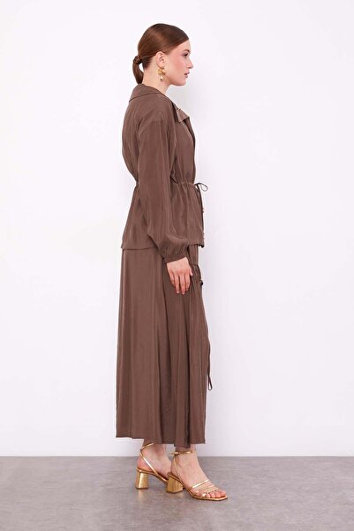 Levidor Brown Skirt Suit with Hidden Zipper Detail