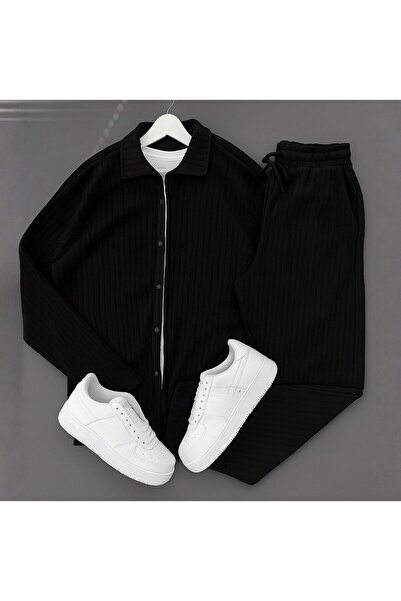 Baycombine35 Black Stretch Fabric Ottoman Shirt + Trousers Set of 2