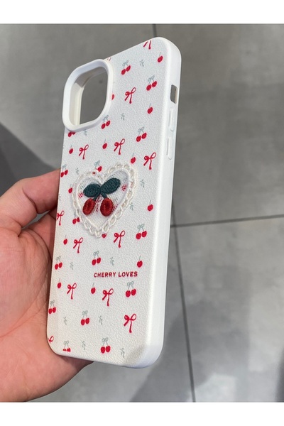Mee.co Embroidered Cherry Pattern Case Compatible with iPhone 14 Plus and 15 Plus, Cherry Figured Knitted Phone Case