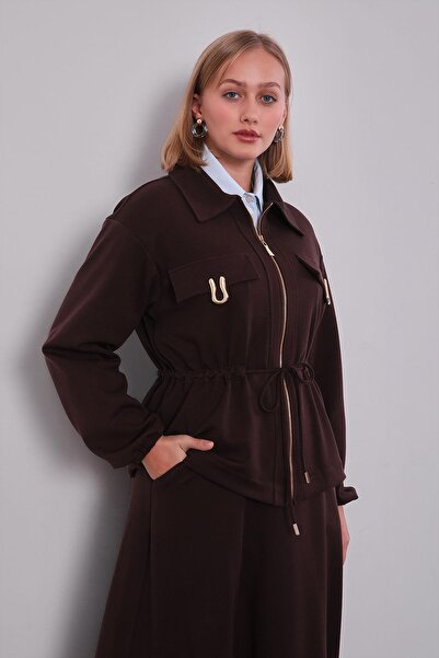 Levidor Acı Kahve Gold Zipper Detailed Skirt Set