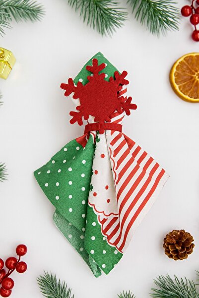 Dekals Kar Desenli Kırmızı Keçe Dekoratif Yılbaşı Sofra Sunum Peçete Halkası Peçete Yüzüğü