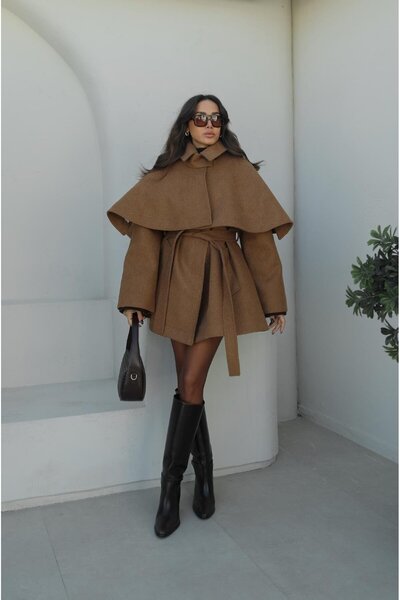Havoş Camel Cape Detailed Belted Cashmere Coat