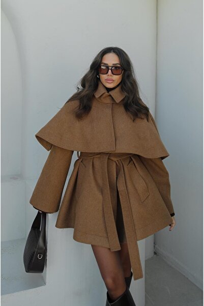 Havoş Camel Cape Detailed Belted Cashmere Coat