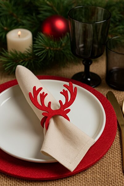 Dekals Dekoratif Yılbaşı Peçetelik Kırmızı Geyik Boynuzu Motifli Keçe Peçete Halkası Peçete Yüzüğü