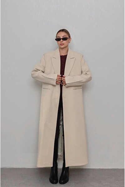 Havoş Beige Coat with Zipper Detail on the Sleeves