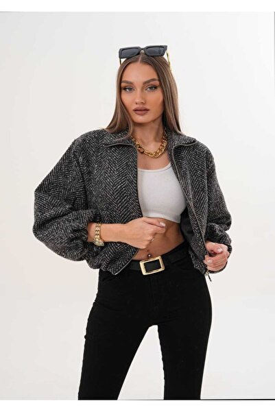 Azra Moda Style Mock Neck Cashmere Fabric Lined Balloon Sleeve Zippered Coat Women