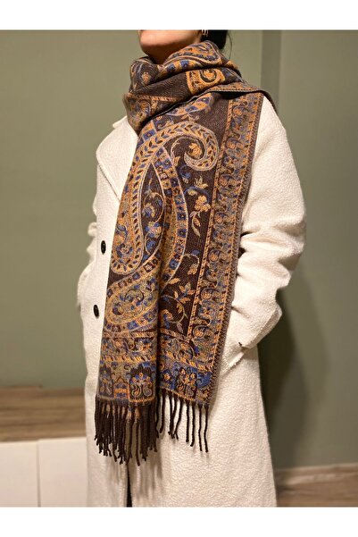 bazin Yumuşak Etnik Desen Orijinal Kaşmir Atkı-Kashmir Omuz Şalı